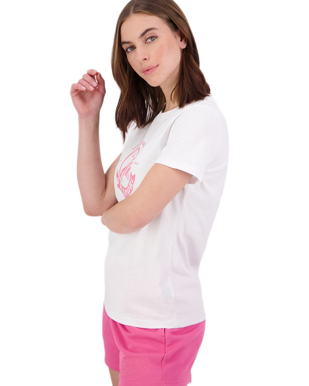 White Raspberry Coloured Swanndri Womens Original V3 T-Shirt on white background 