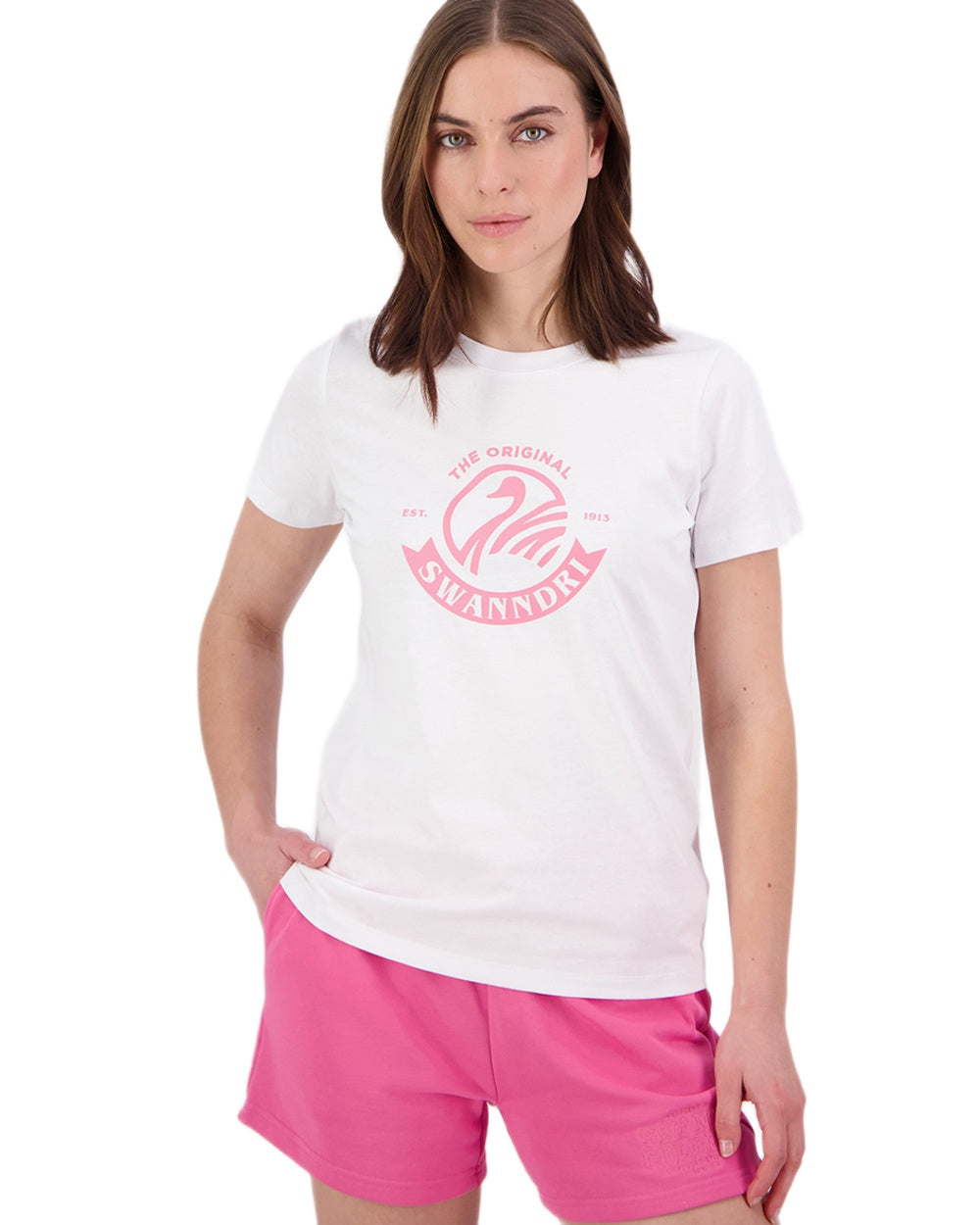 White Raspberry Coloured Swanndri Womens Original V3 T-Shirt on white background 