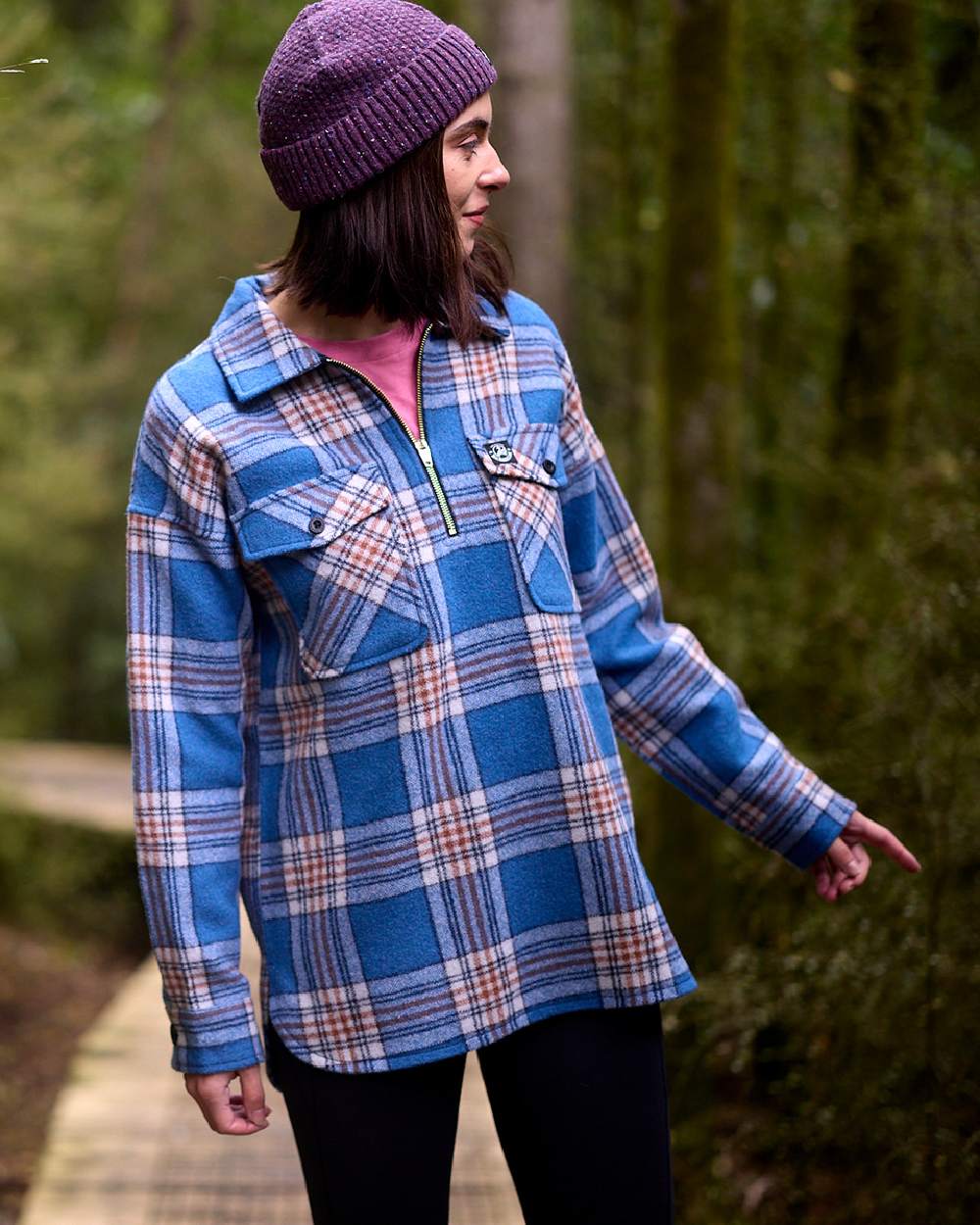 Eastcoast Check Coloured Swanndri Womens Ranger Wool Bush Shirt on outdoor background 