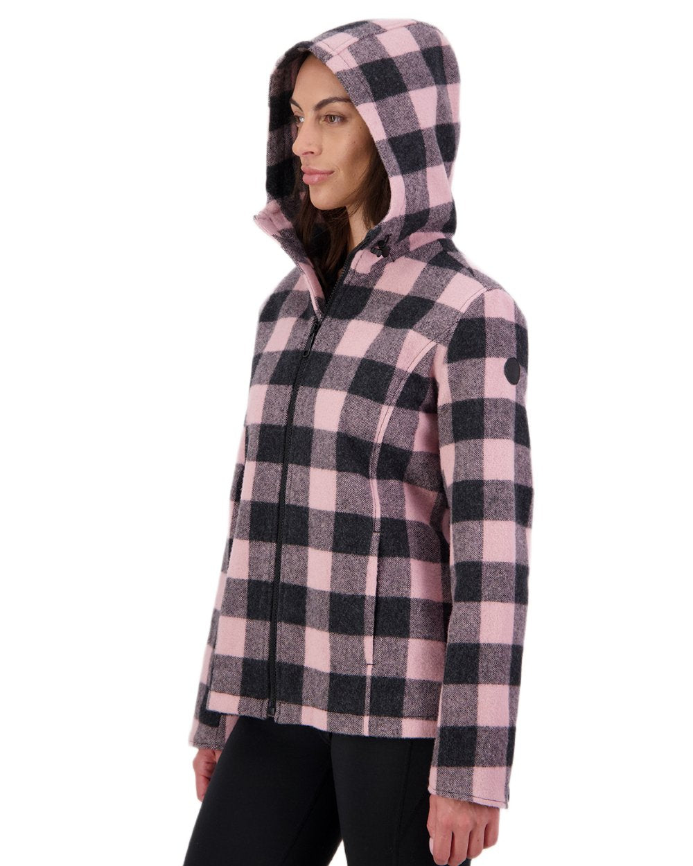 Pink Salt Charcoal Coloured Swanndri Womens Seattle V2 Wool Hooded Sweater on white background 