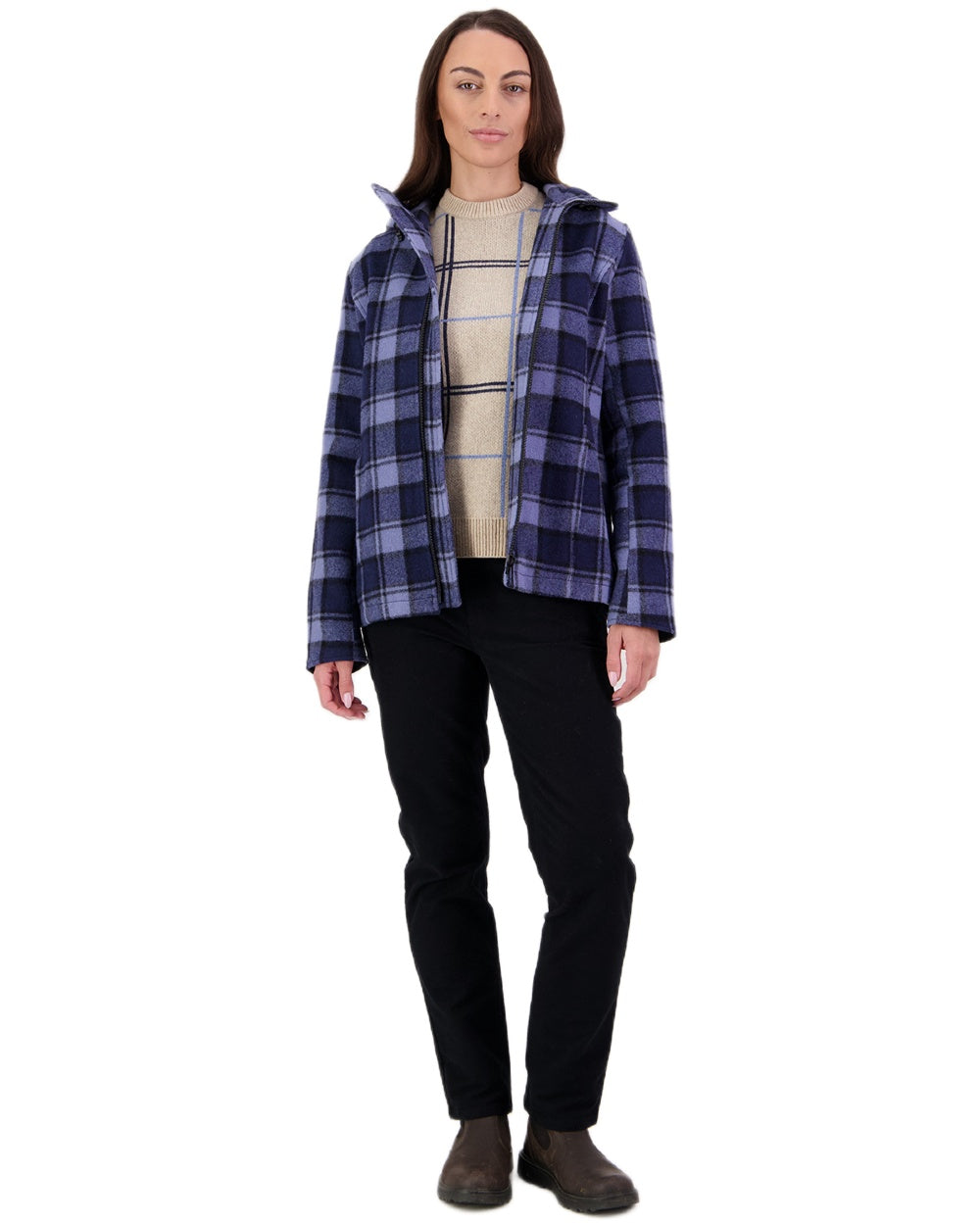 Rhode Island Check Coloured Swanndri Womens Seattle V2 Wool Hooded Sweater on white background 