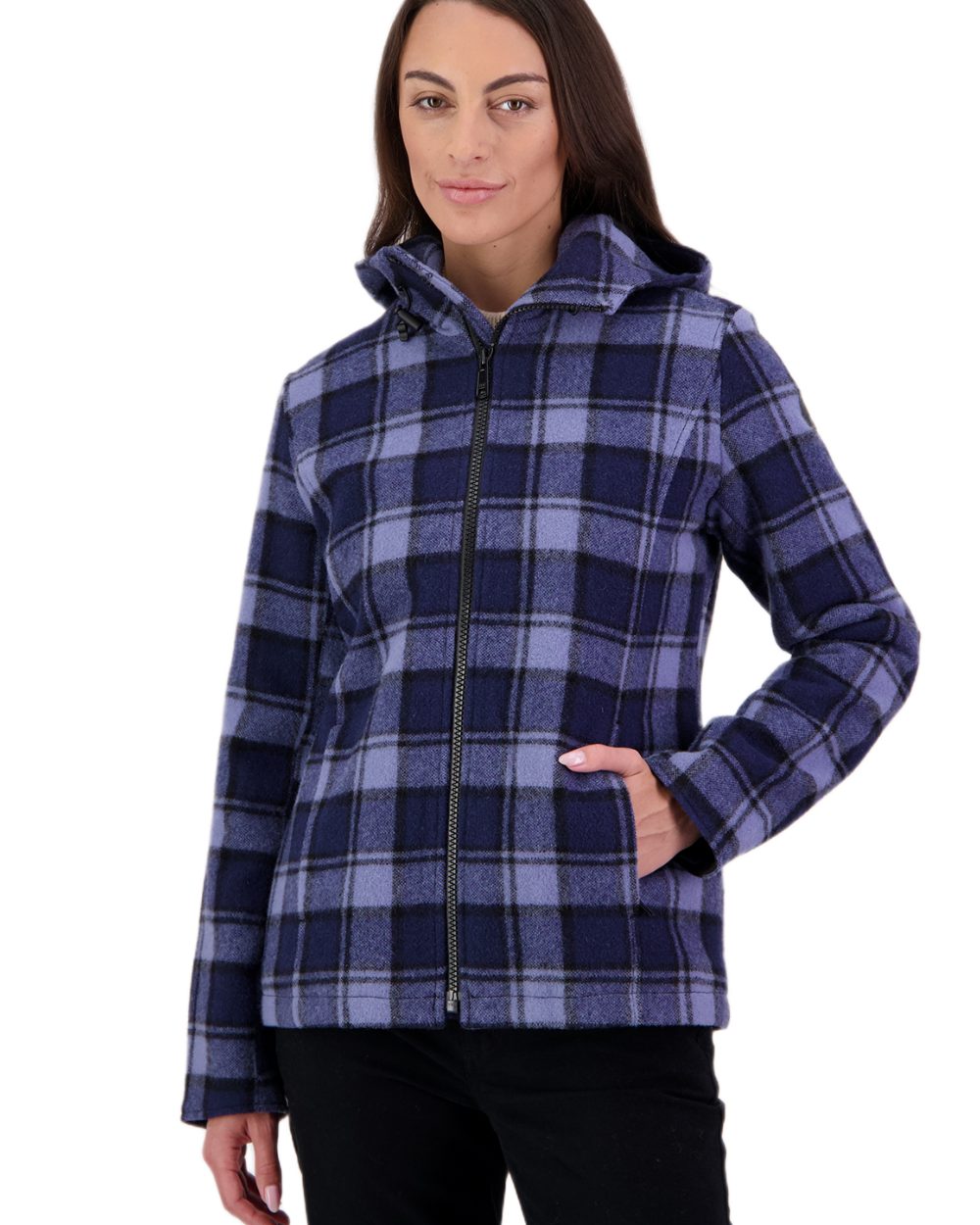 Rhode Island Check Coloured Swanndri Womens Seattle V2 Wool Hooded Sweater on white background 