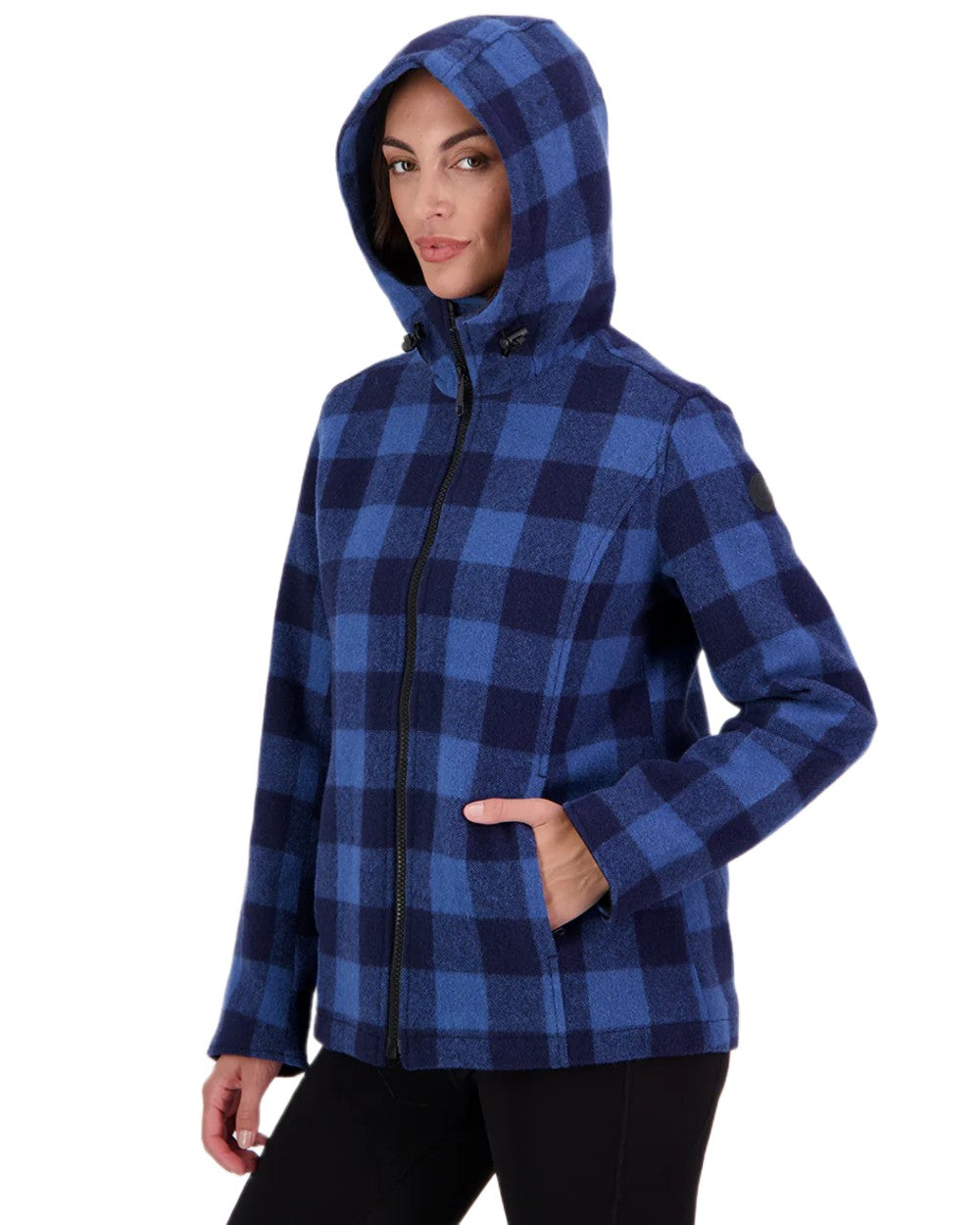 Oceanview Navy Check Coloured Swanndri Womens Seattle V2 Wool Hooded Sweater on white background 