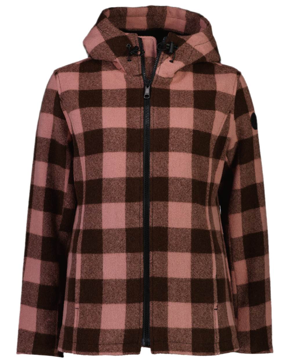 Rose Coffee Check Coloured Swanndri Womens Seattle V2 Wool Hooded Sweater on white background 