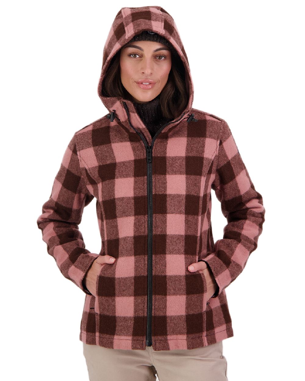 Rose Coffee Check Coloured Swanndri Womens Seattle V2 Wool Hooded Sweater on white background 