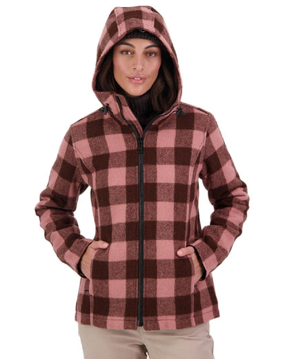 Rose Coffee Check Coloured Swanndri Womens Seattle V2 Wool Hooded Sweater on white background 