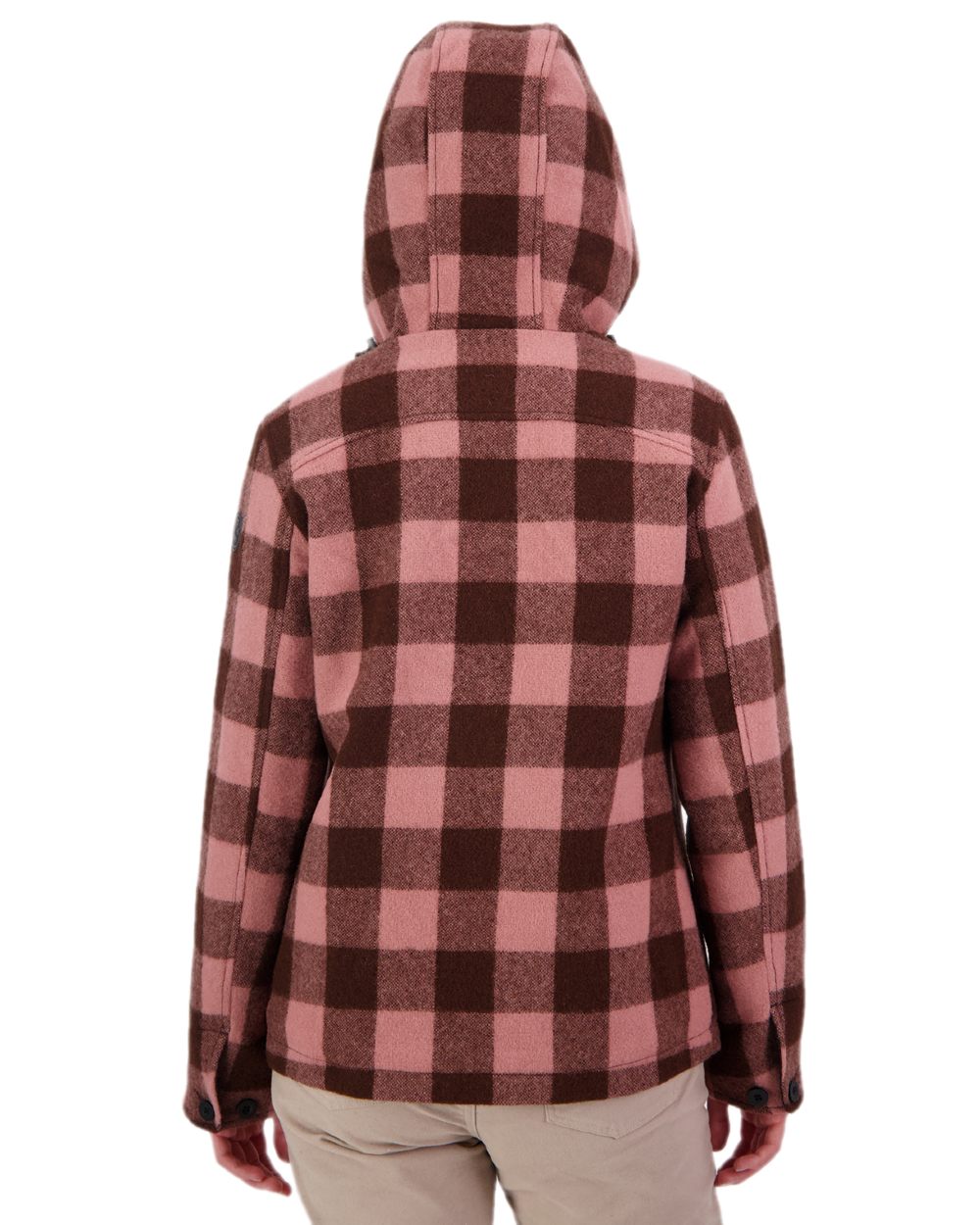 Rose Coffee Check Coloured Swanndri Womens Seattle V2 Wool Hooded Sweater on white background 