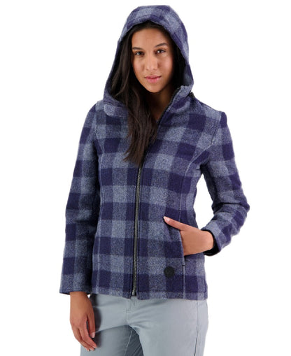 Ocean Check Coloured Swanndri Womens Seattle V2 Wool Hoodie on white background 