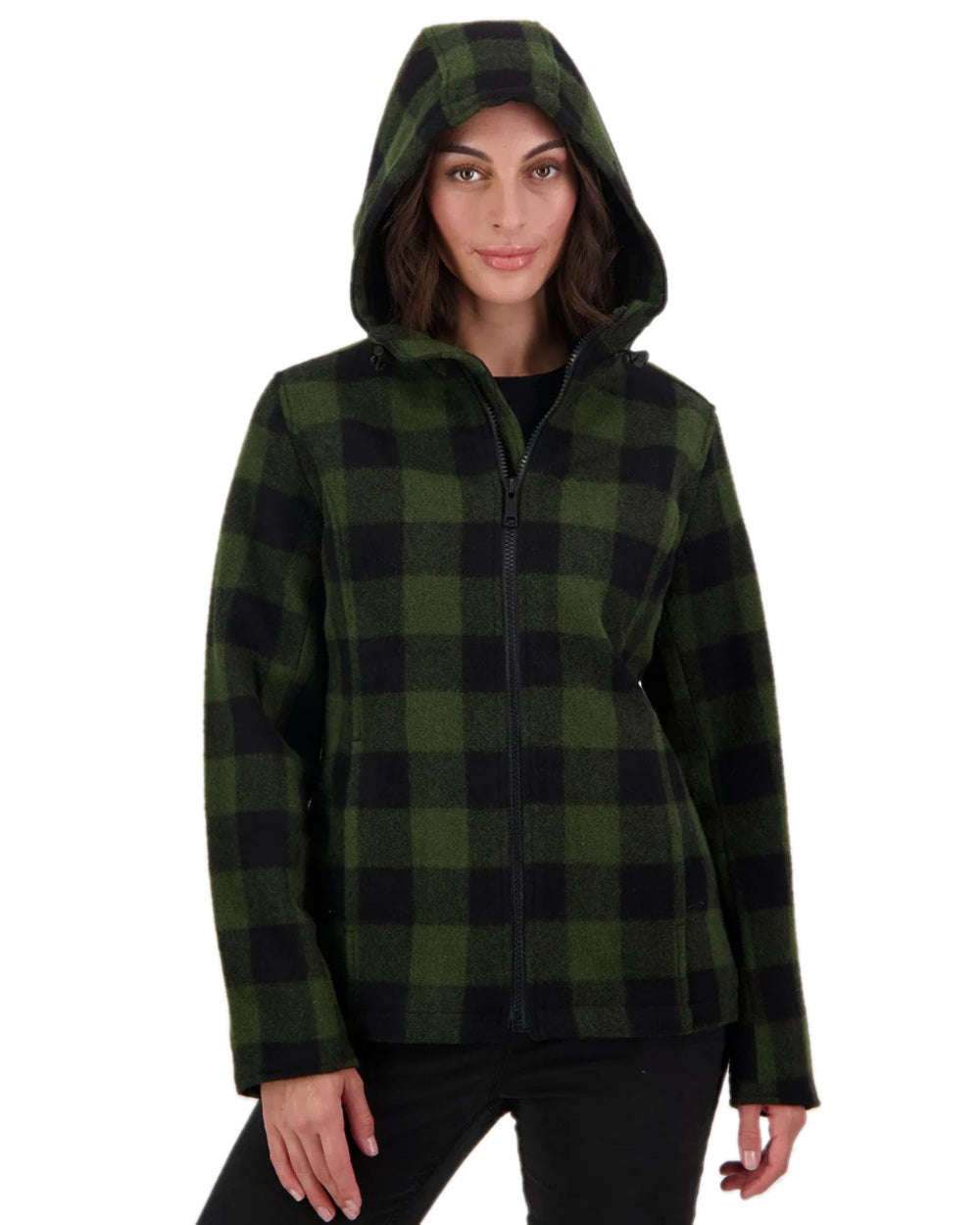 Olive Black Check Coloured Swanndri Womens Seattle V2 Wool Hoodie on white background 
