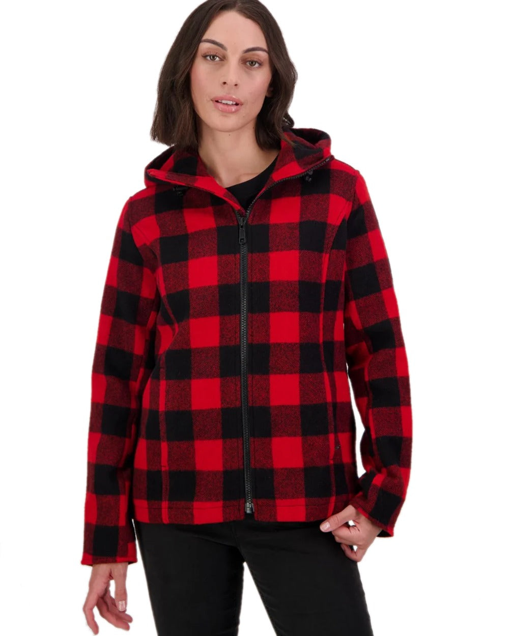 Red Black Check Coloured Swanndri Womens Seattle V2 Wool Hoodie on white background 