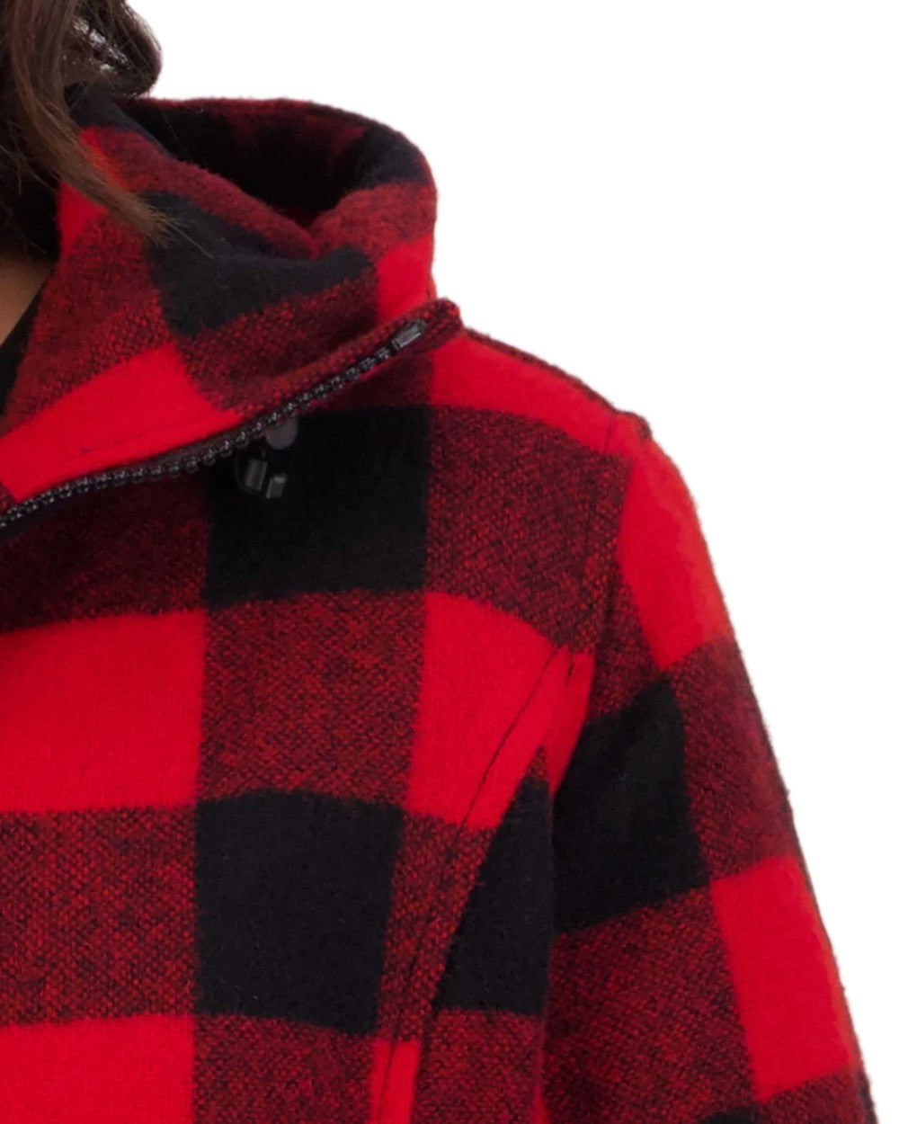 Red Black Check Coloured Swanndri Womens Seattle V2 Wool Hoodie on white background 