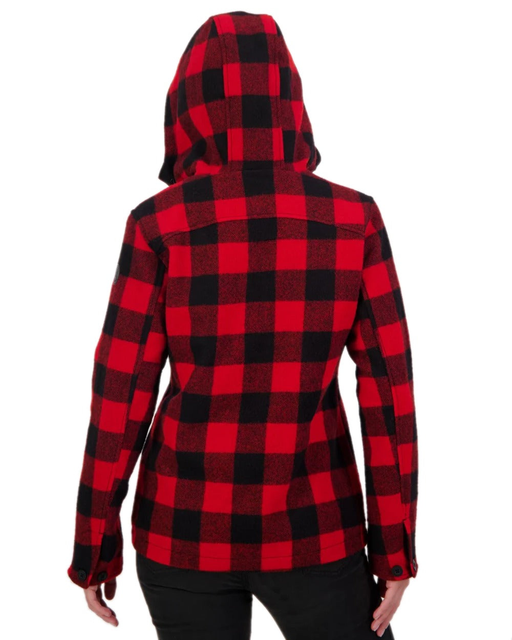 Red Black Check Coloured Swanndri Womens Seattle V2 Wool Hoodie on white background 