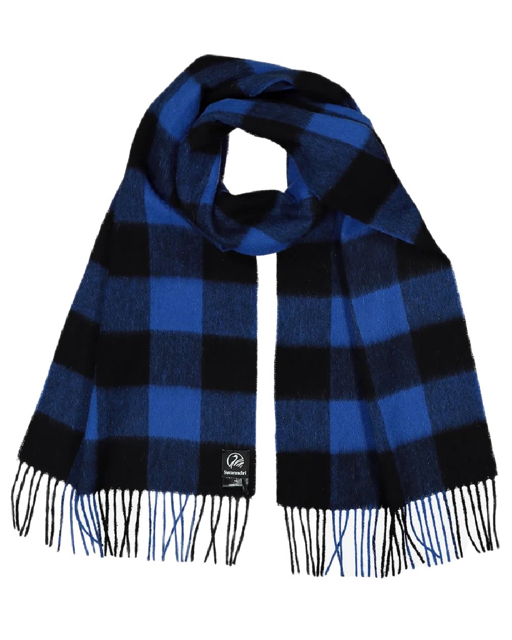 Blue Black Check Coloured Swanndri Wool Scarfie on white background 