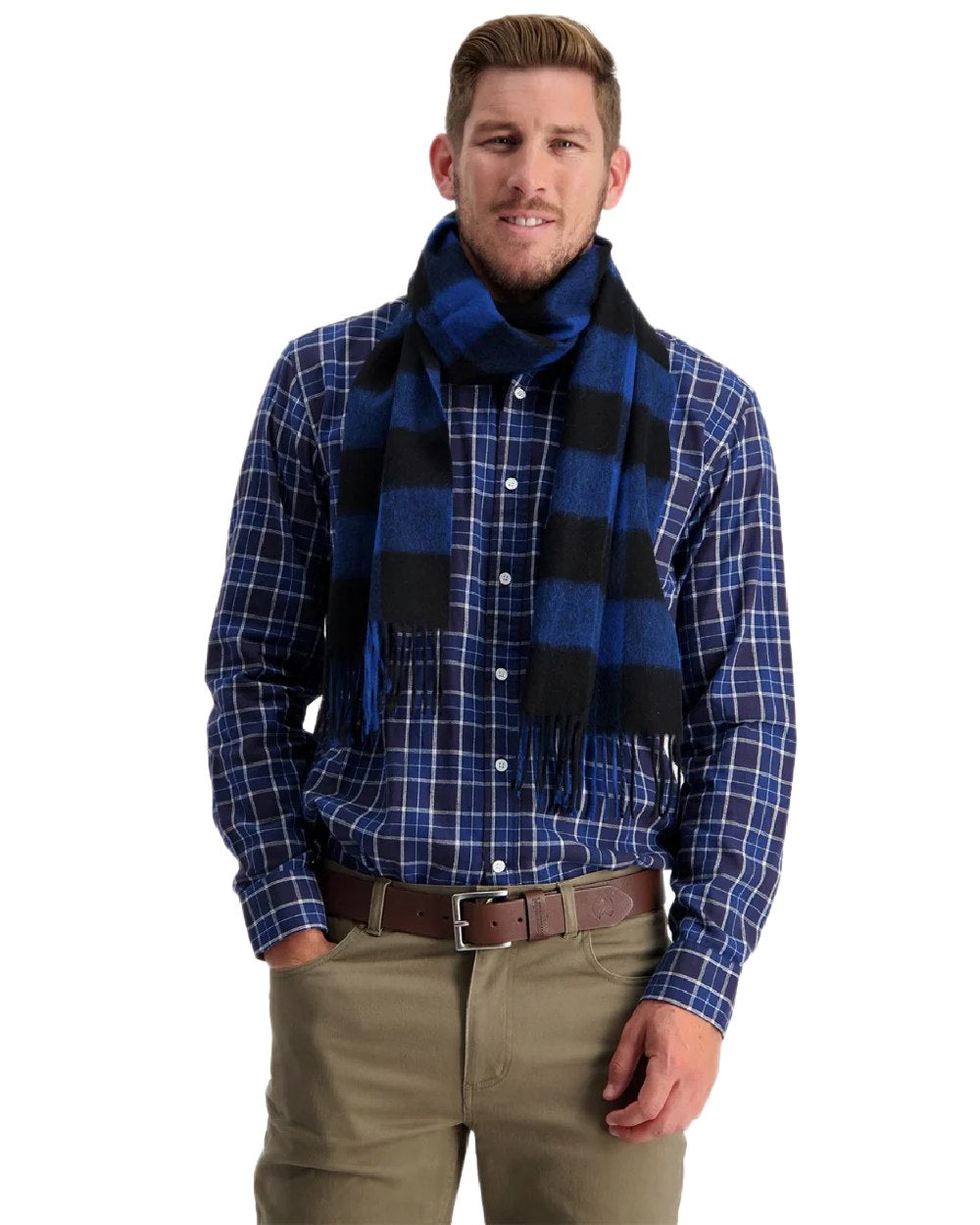 Blue Black Check Coloured Swanndri Wool Scarfie on white background 