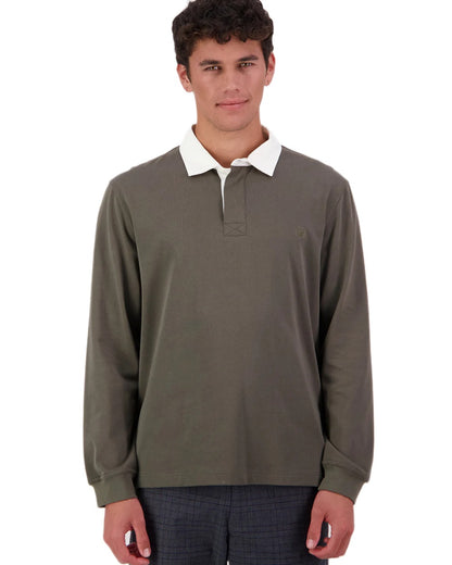 Dark Olive coloured Swanndri Mens Fundamentals Long Sleeve Rugby Top on white background 