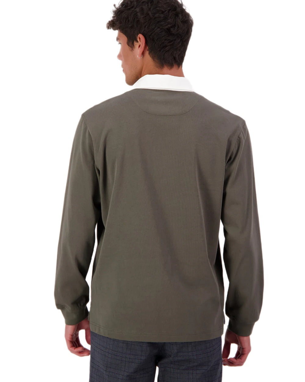 Dark Olive coloured Swanndri Mens Fundamentals Long Sleeve Rugby Top on white background 