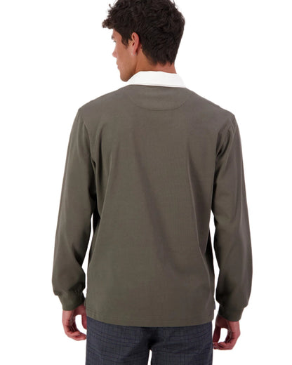 Dark Olive coloured Swanndri Mens Fundamentals Long Sleeve Rugby Top on white background 