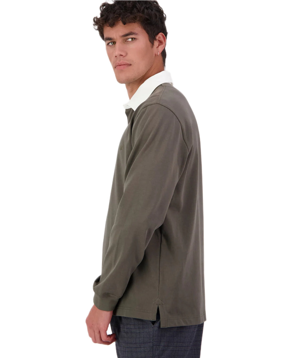 Dark Olive coloured Swanndri Mens Fundamentals Long Sleeve Rugby Top on white background 