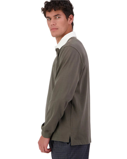 Dark Olive coloured Swanndri Mens Fundamentals Long Sleeve Rugby Top on white background 