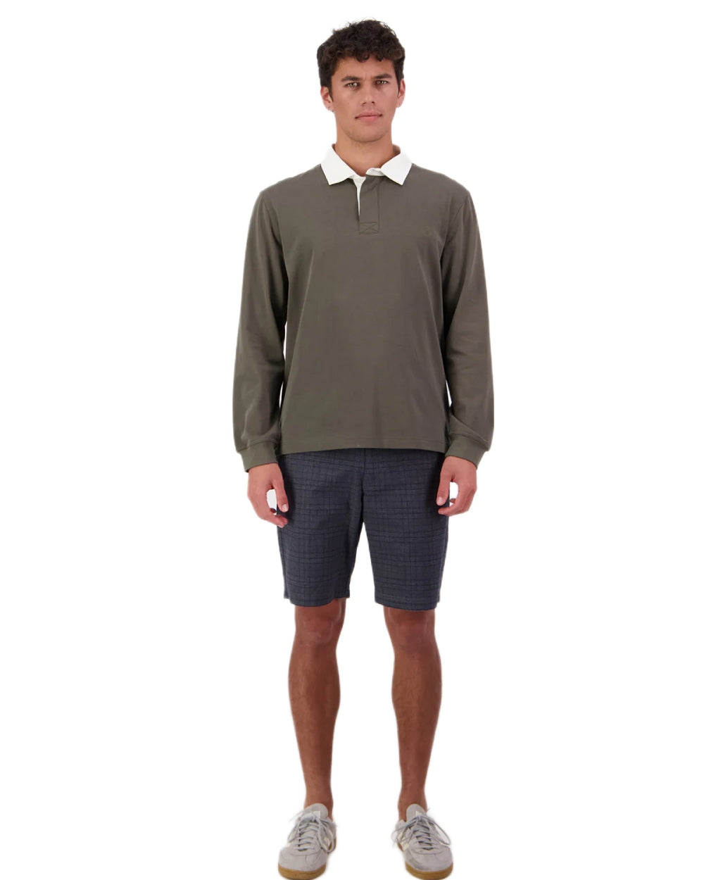 Dark Olive coloured Swanndri Mens Fundamentals Long Sleeve Rugby Top on white background 