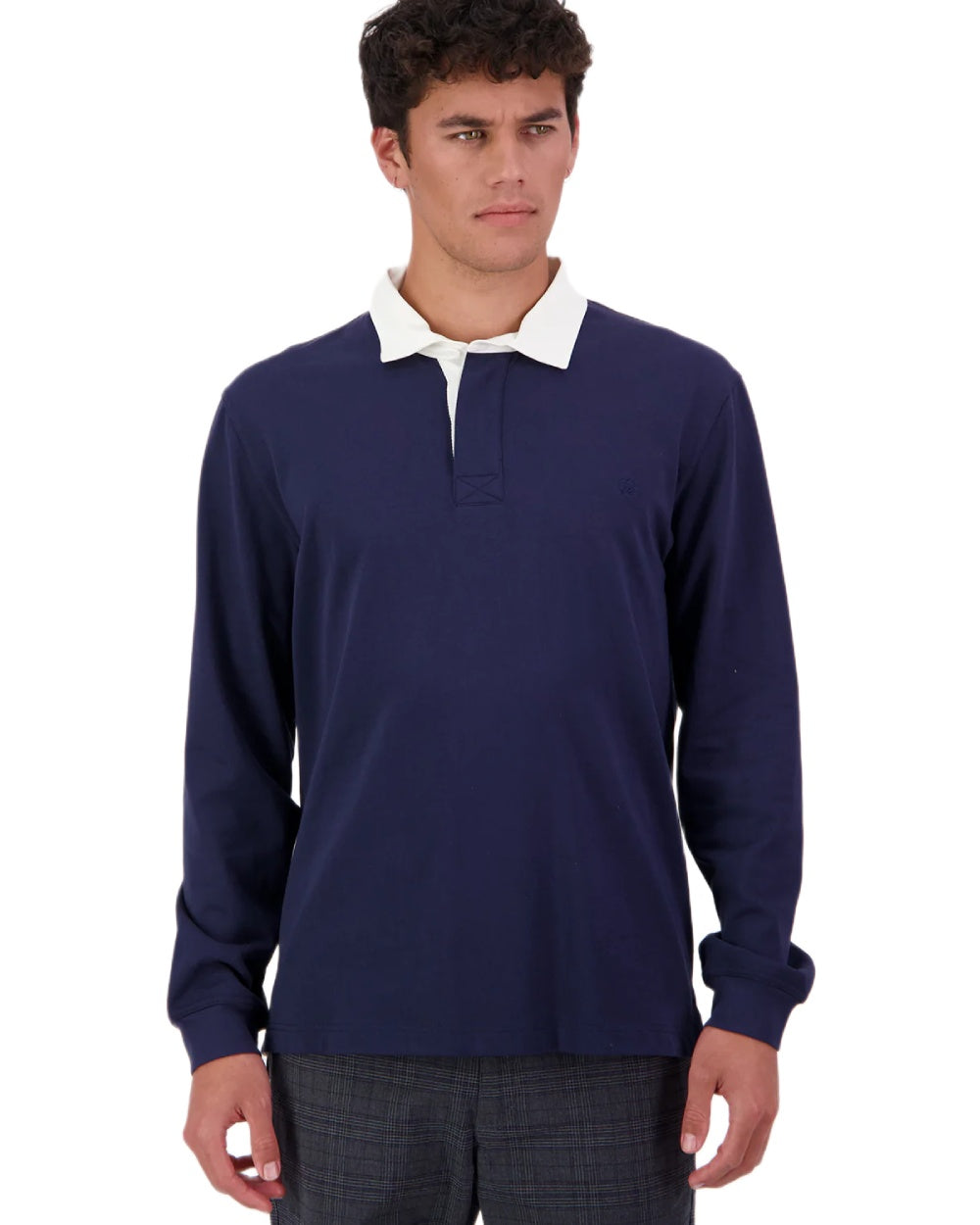 Navy coloured Swanndri Mens Fundamentals Long Sleeve Rugby Top on white background 