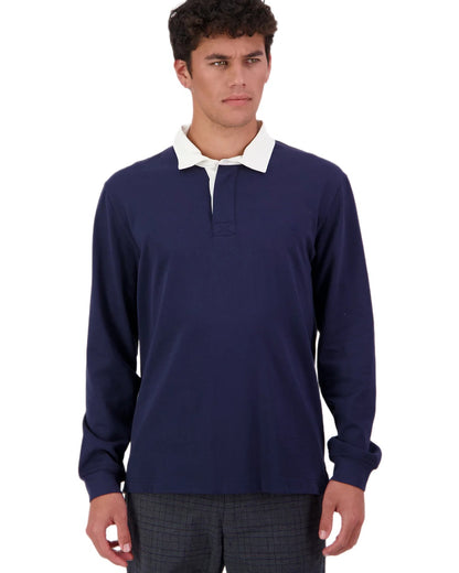 Navy coloured Swanndri Mens Fundamentals Long Sleeve Rugby Top on white background 
