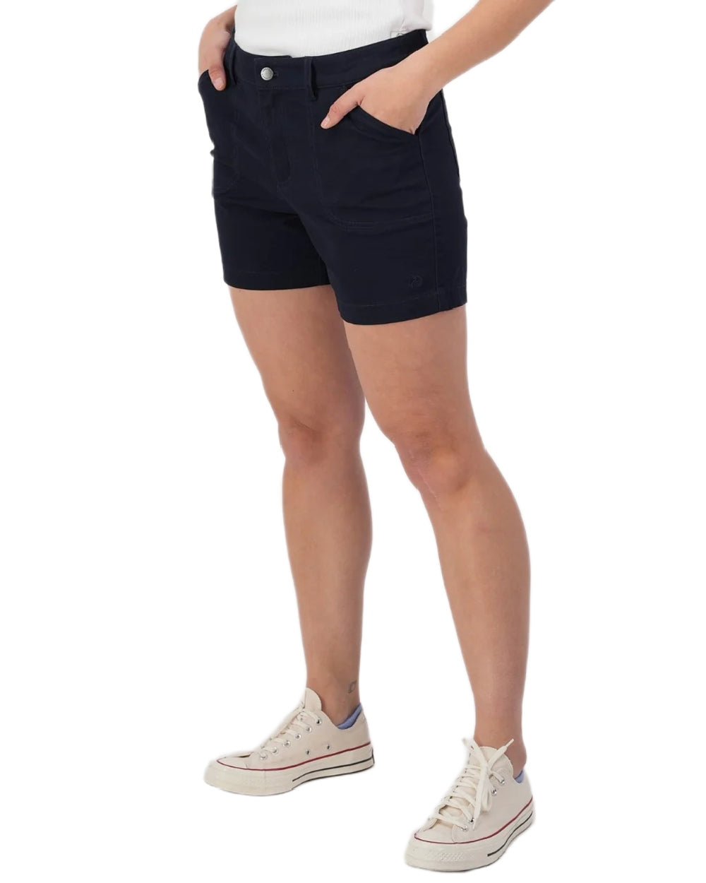 Navy coloured Swanndri Womens Blumont Stretch Canvas Shorts on white background 