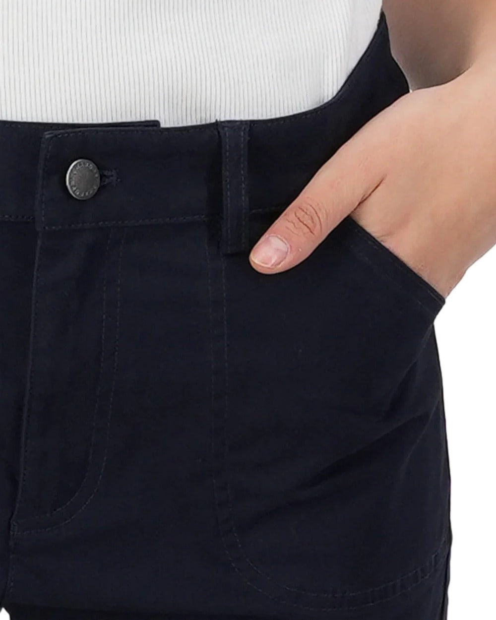 Navy coloured Swanndri Womens Blumont Stretch Canvas Shorts on white background 