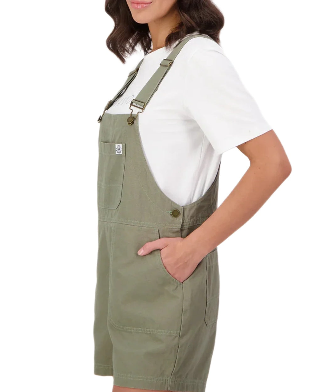 Clover coloured Swanndri Womens Brooklyn V2 Short Dungarees on white background 