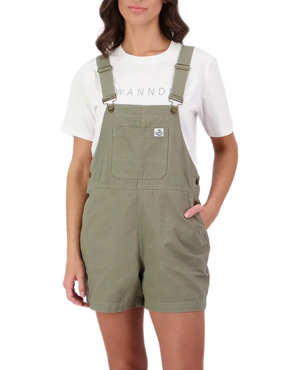 Clover coloured Swanndri Womens Brooklyn V2 Short Dungarees on white background 