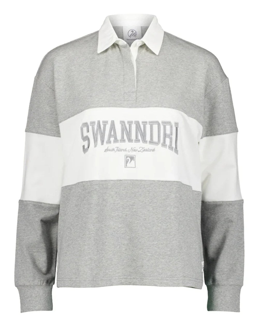 Grey Marle White coloured Swanndri Womens Cameron Long Sleeve Rugby Top on white background 