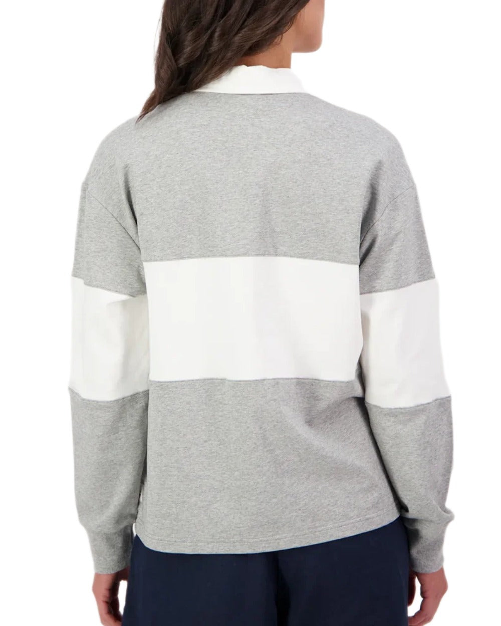 Grey Marle White coloured Swanndri Womens Cameron Long Sleeve Rugby Top on white background 