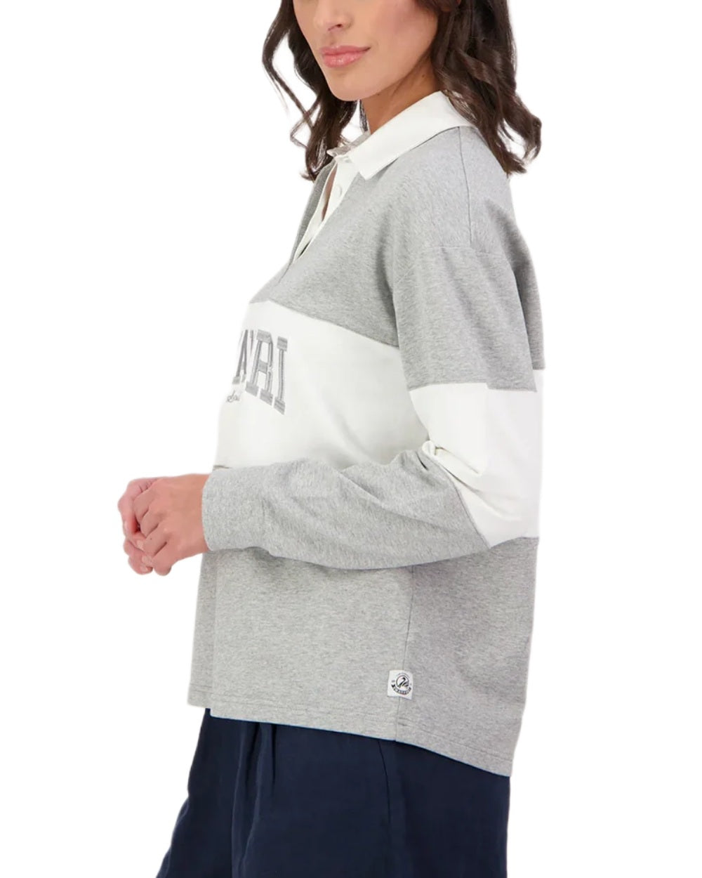 Grey Marle White coloured Swanndri Womens Cameron Long Sleeve Rugby Top on white background 