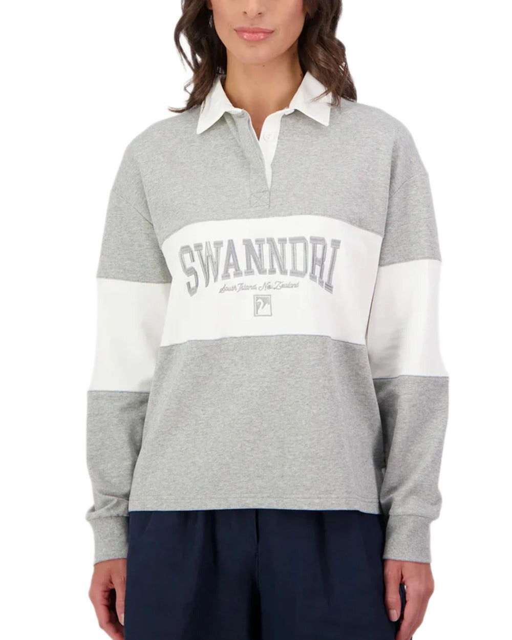 Grey Marle White coloured Swanndri Womens Cameron Long Sleeve Rugby Top on white background 