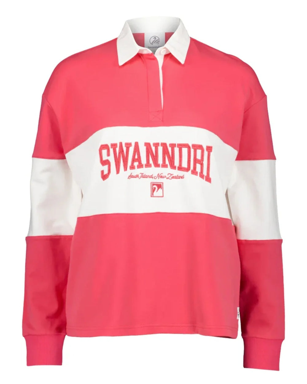 Watermelon White coloured Swanndri Womens Cameron Long Sleeve Rugby Top on white background 
