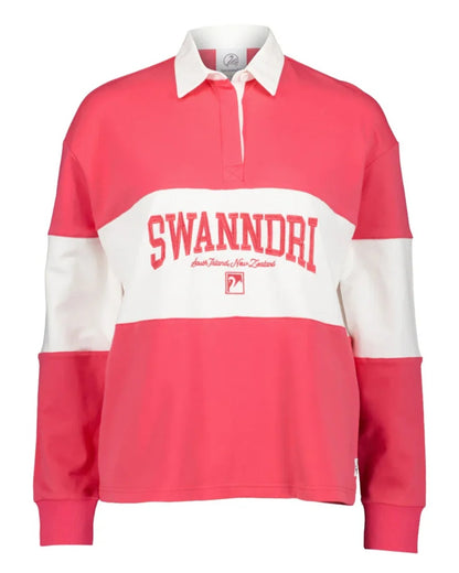 Watermelon White coloured Swanndri Womens Cameron Long Sleeve Rugby Top on white background 