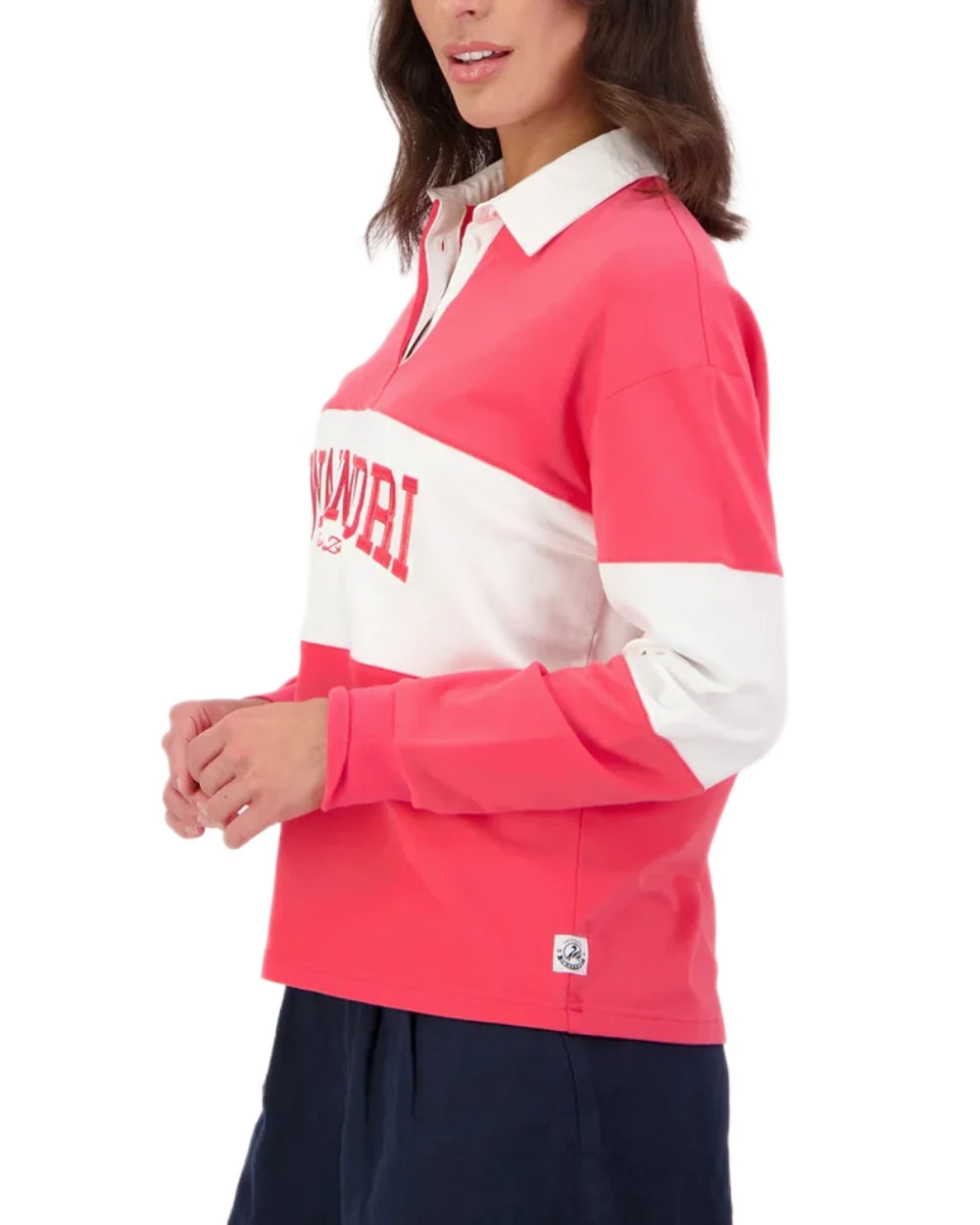 Watermelon White coloured Swanndri Womens Cameron Long Sleeve Rugby Top on white background 