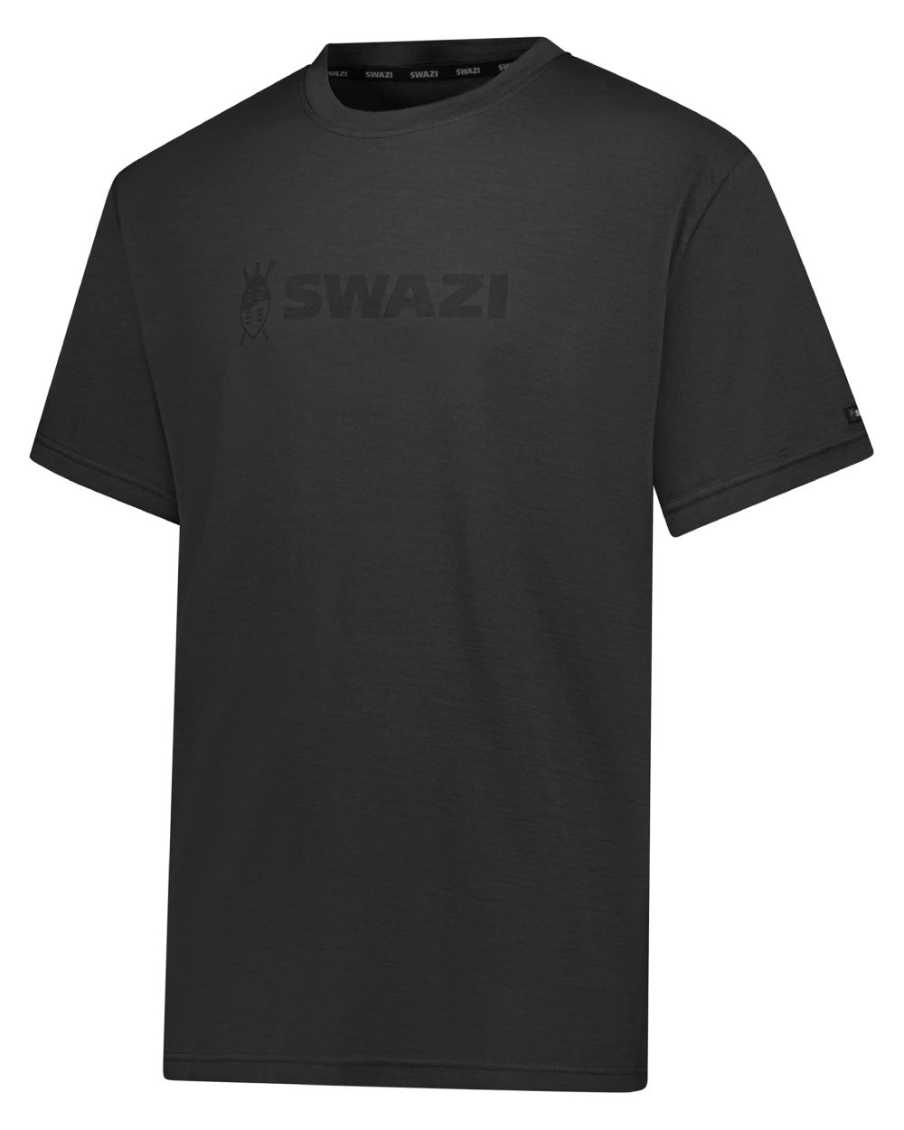 Black coloured Swazi Kaimai Short Sleeve T-Shirt on white background 