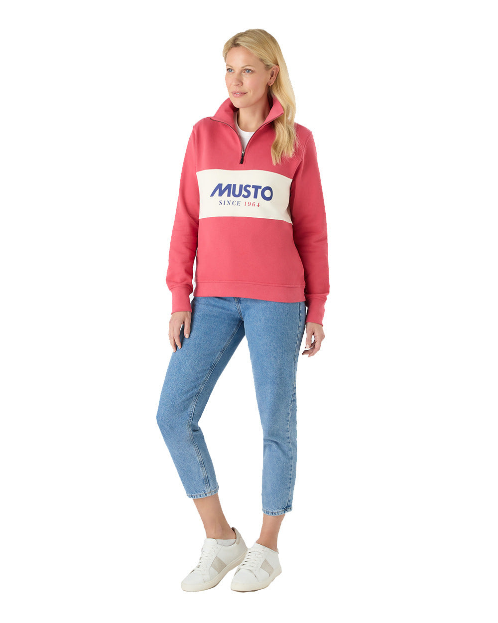 Sweet Raspberry Coloured Musto Womens Classic Half Zip Sweatshirt On A White Background 