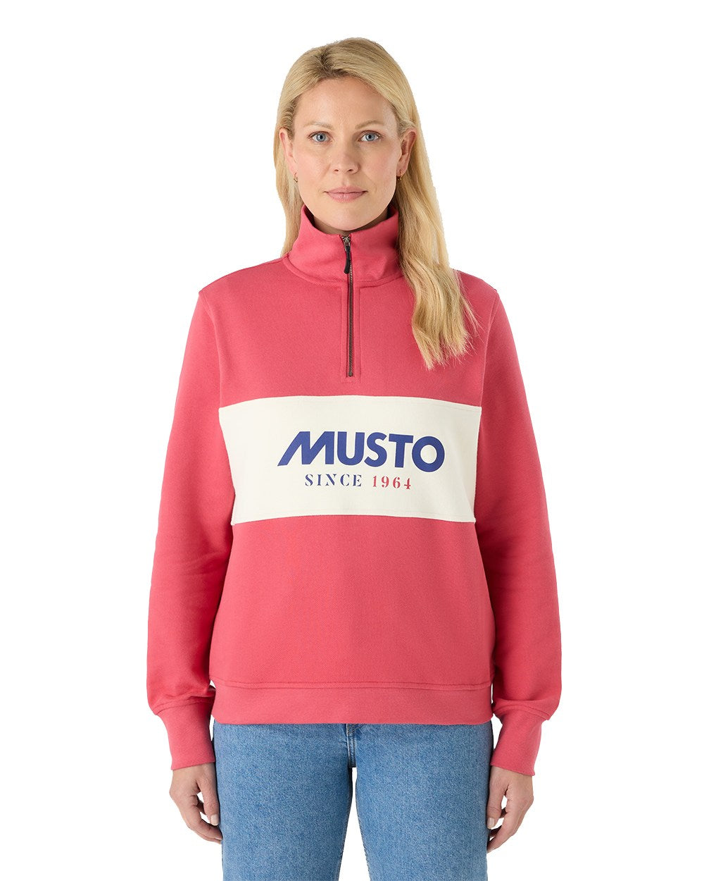 Sweet Raspberry Coloured Musto Womens Classic Half Zip Sweatshirt On A White Background 