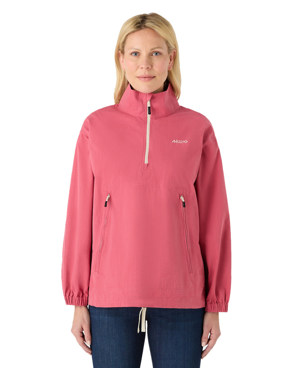 Sweet Raspberry Coloured Musto Womens Falmouth Anorak Jacket On A White Background 