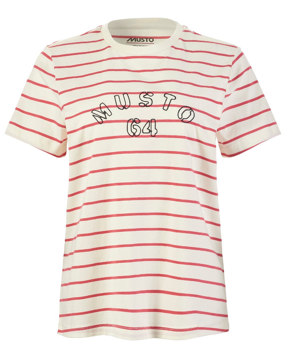 Sweet Raspberry/ASW Coloured Musto Womens Classic Striped Short Sleeve T-Shirt On A White Background 