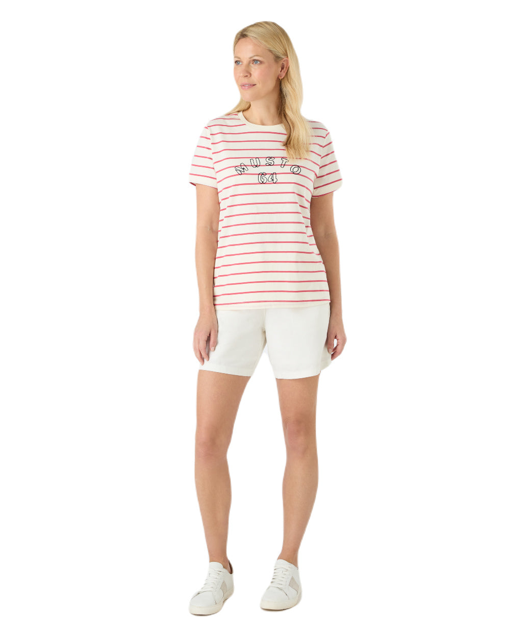 Sweet Raspberry/ASW Coloured Musto Womens Classic Striped Short Sleeve T-Shirt On A White Background 