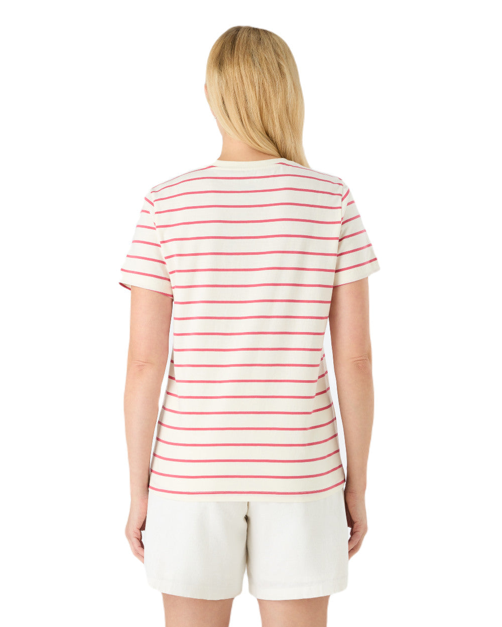 Sweet Raspberry/ASW Coloured Musto Womens Classic Striped Short Sleeve T-Shirt On A White Background 