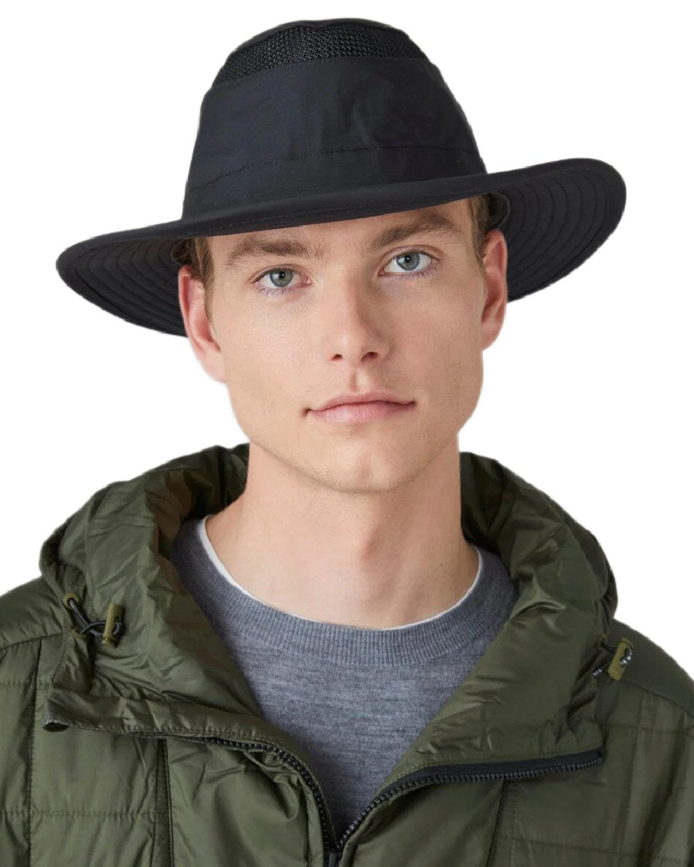 Black Coloured Tilley Airflo Broad Brim Sun Hat on white background 