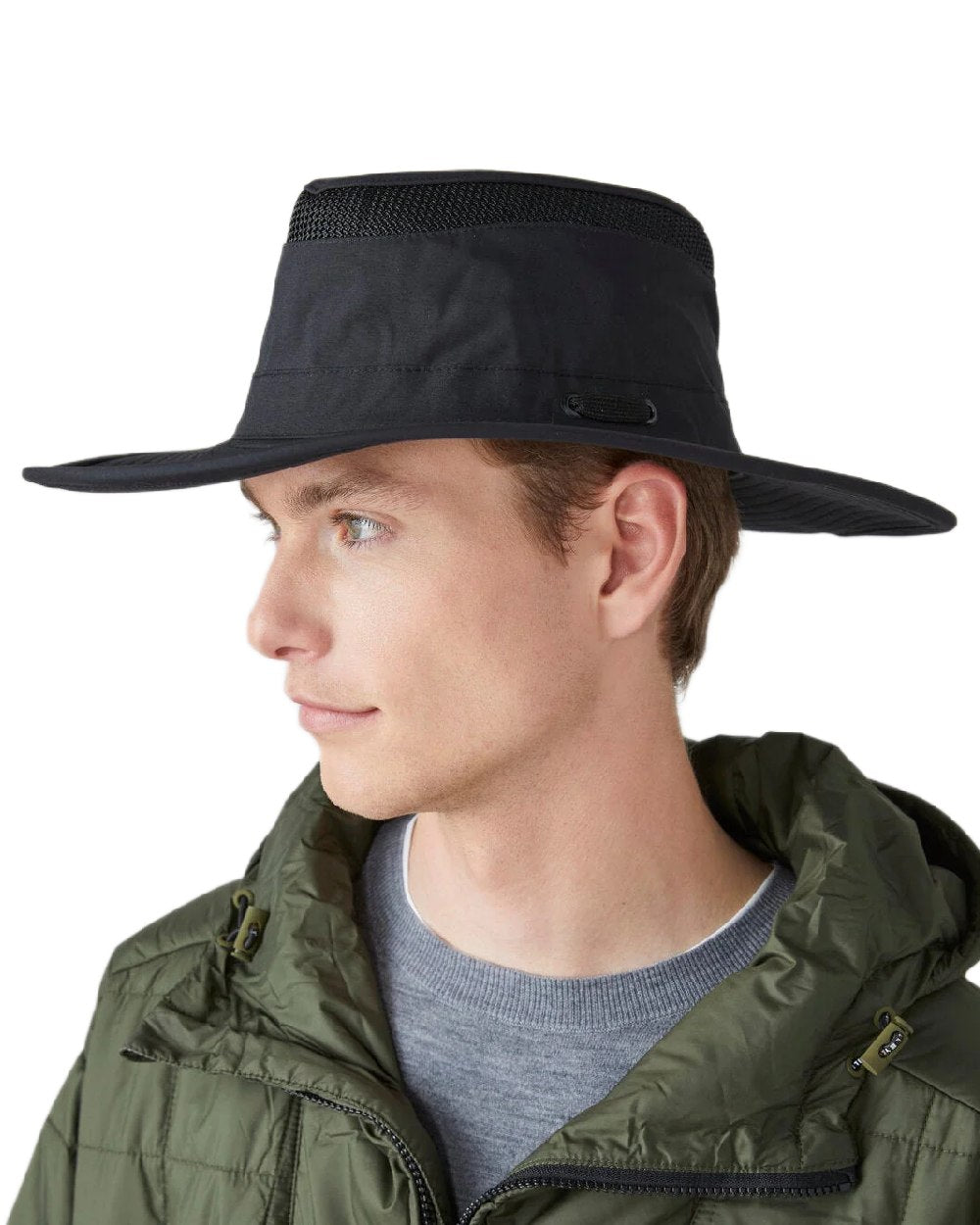Black Coloured Tilley Airflo Broad Brim Sun Hat on white background 