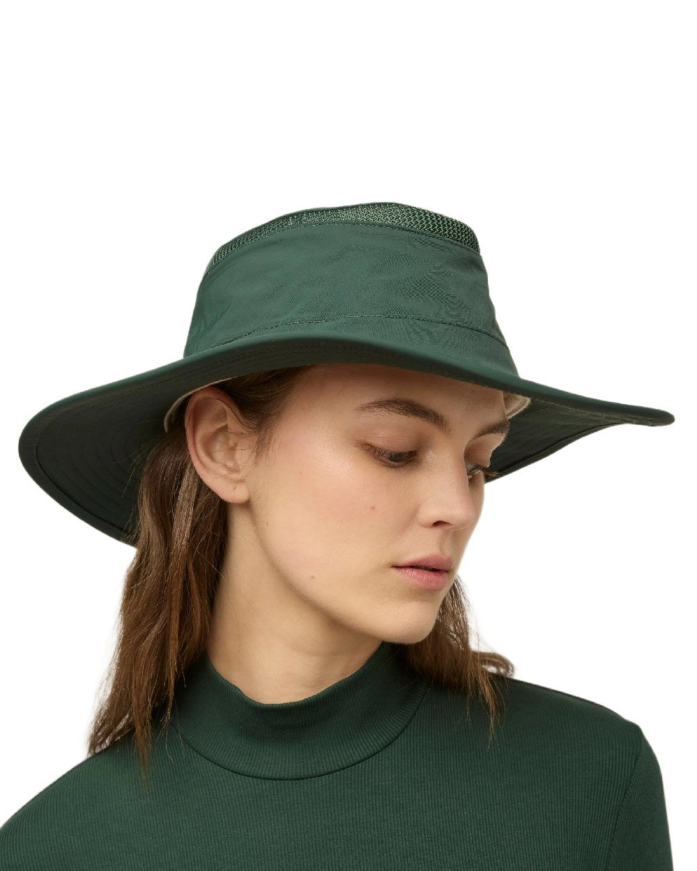 Evergreen Coloured Tilley Airflo Broad Brim Sun Hat on white background 