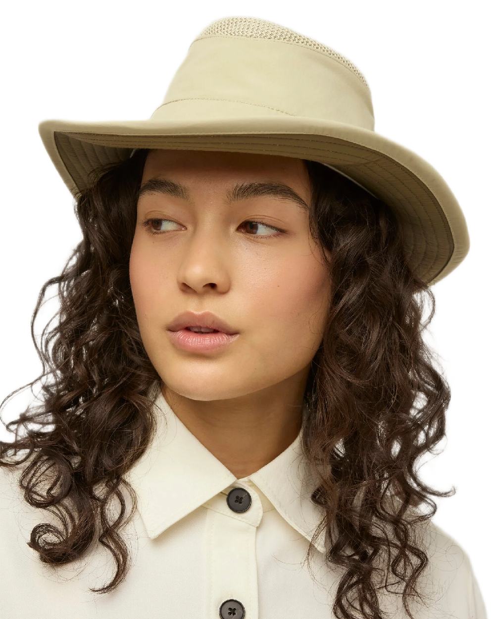 Khaki Olive Coloured Tilley Airflo Broad Brim Sun Hat on white background 