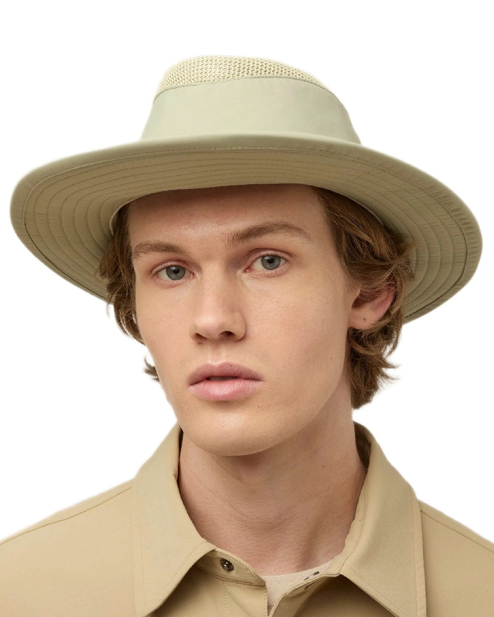 Light Sage Coloured Tilley Airflo Broad Brim Sun Hat on white background 