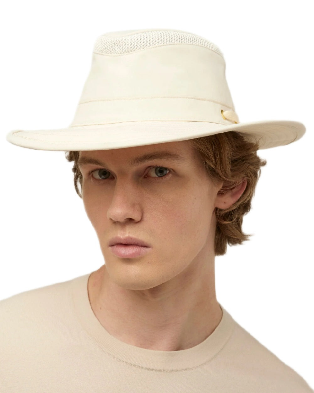 Light Stone Coloured Tilley Airflo Broad Brim Sun Hat on white background 